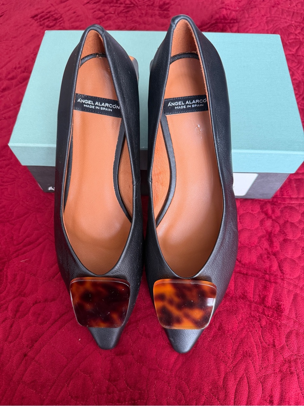 Angel Alarcon - Black Leather Square-Toe Flats with Tortoiseshell accessories.
